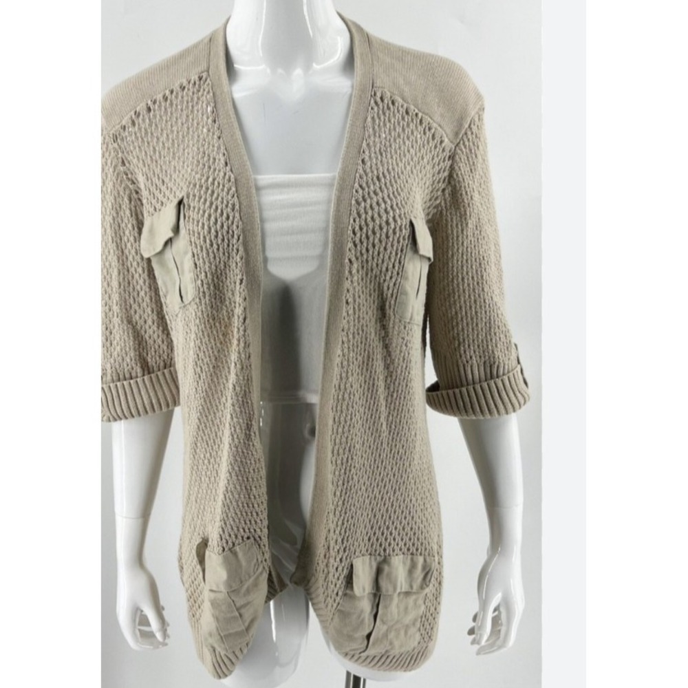 Chicos Cardigan‎ Sweater Size Med / 2 Tan Beige Open Knit Linen Blend Womens